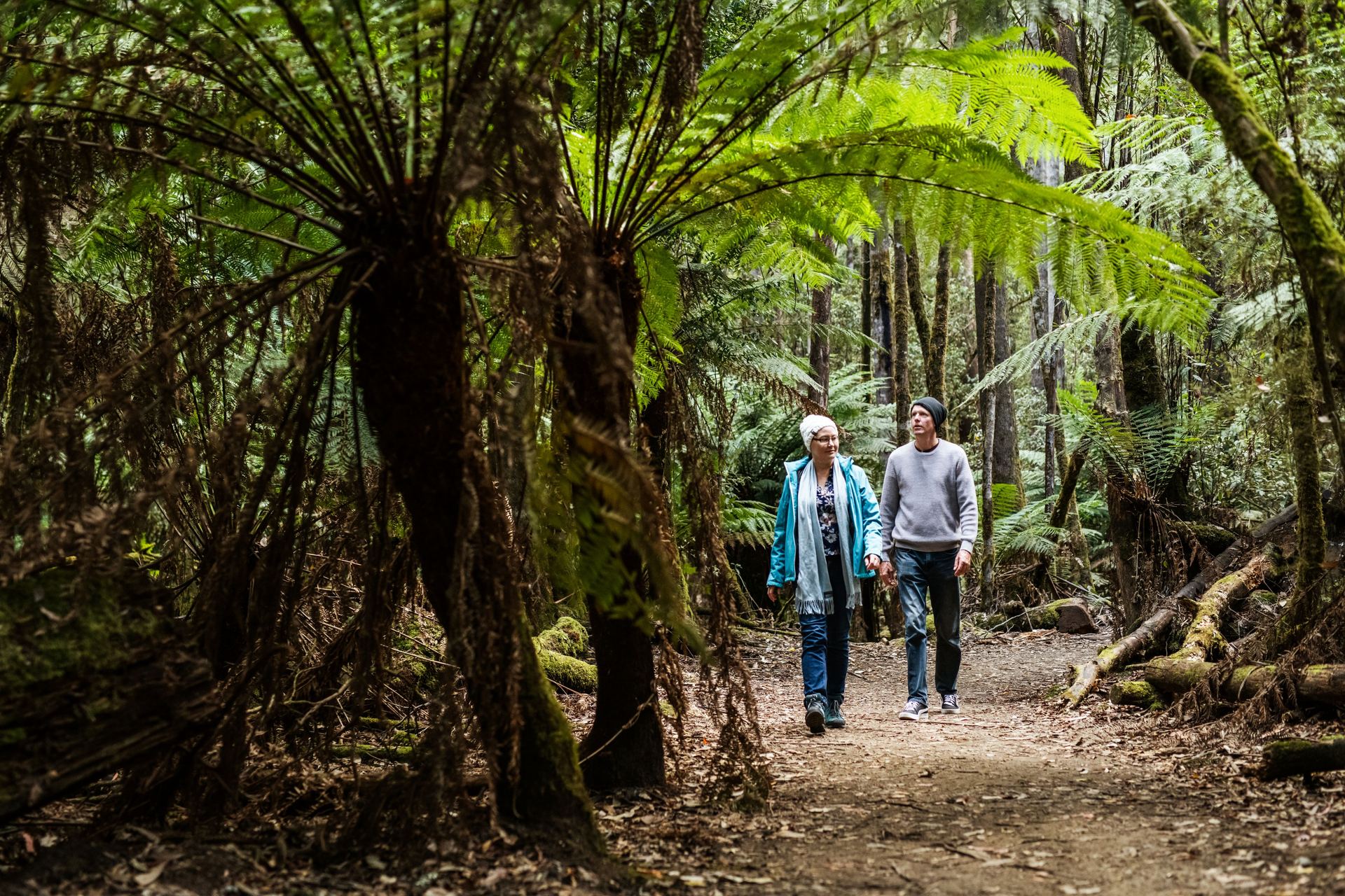 Greg and Rachel Power walking together through the mossy forest at Mt Field